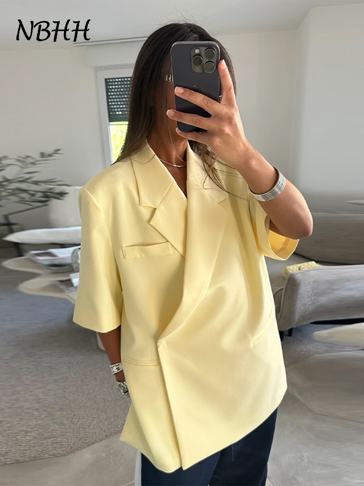 Elegant Yellow Lapel Blazers Coats Women Loose Short Sleeve One Button Side Split Suit Jackets 2025 Summer Lady Office Outwear