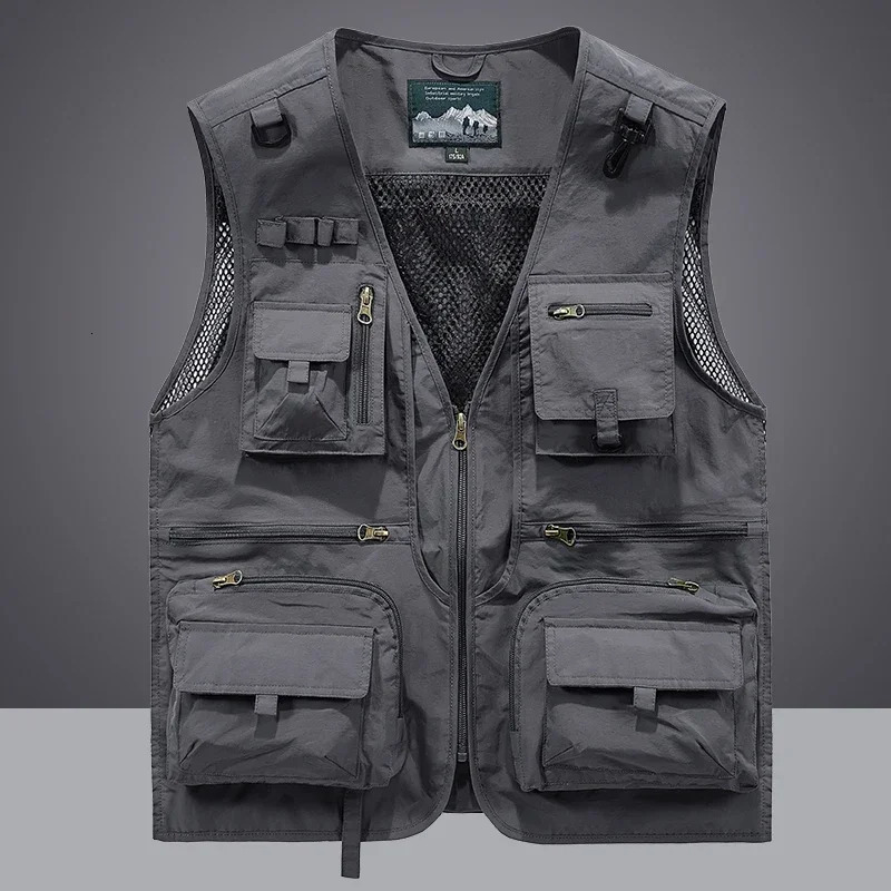 Mens Work Vest Summer Solid Colour Multi-pocket Casual Loose Outdoor Fishing Pography Coat Mens Sleeveless Jacket 250710