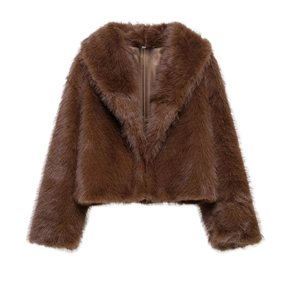 UNIZERA solid color loose fur short coat autumn and winter item lapel long sleeved warm coat for women 250708