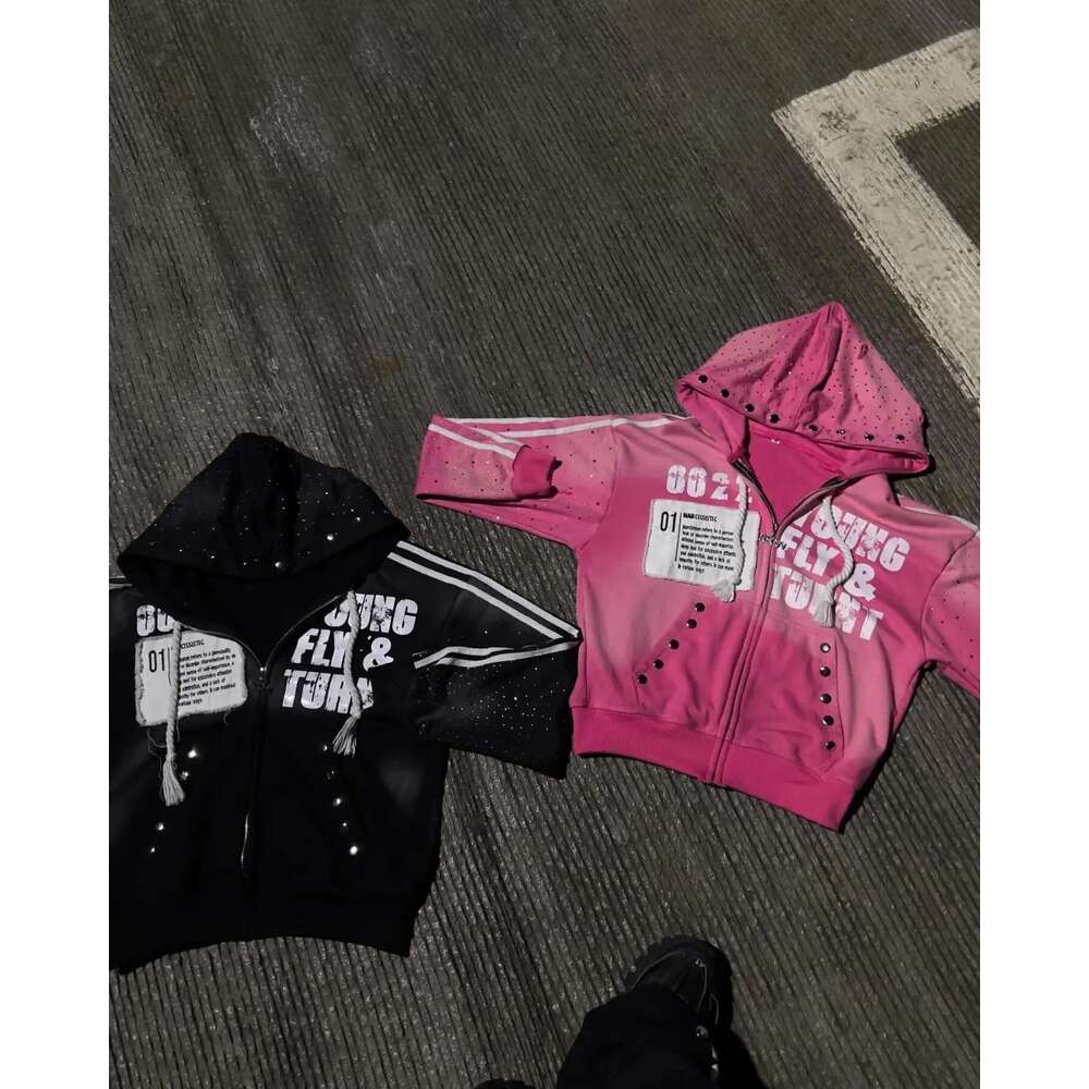 Y2K Retro Goth Embroidered Zip Rock Haruku Men Women Streetwear Punk Hip Hop Washed Hoodie k pop clothes