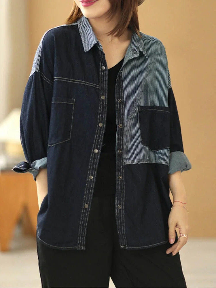 Amax luluE Korean Spring Womens Fashion Striped Denim Shirts Ladies Classic Casual Loose Blouses Vintage Patchwork Tops 250704