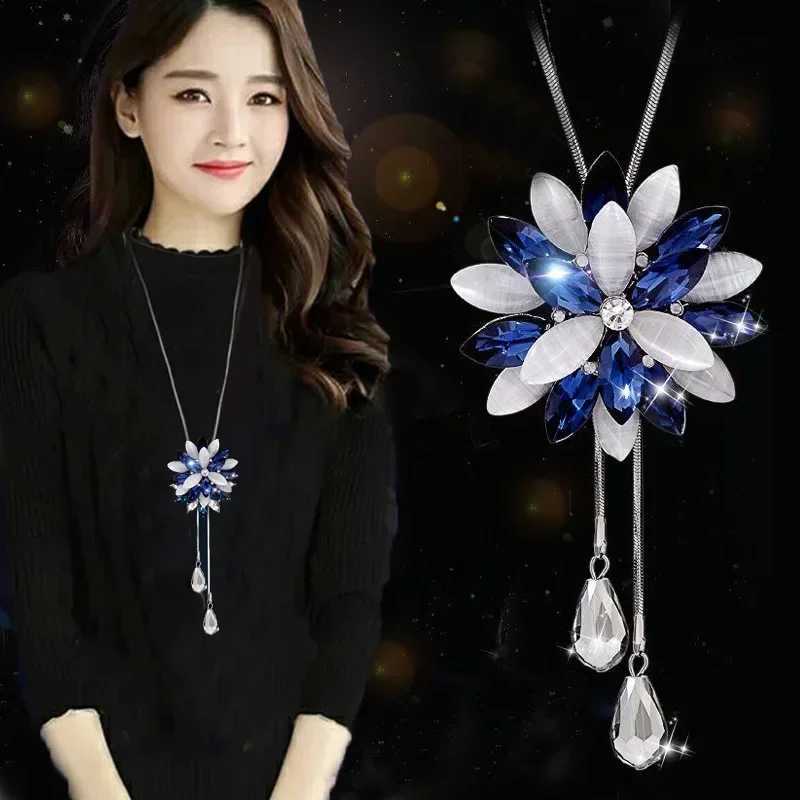 Snowe Zircon Long Necklace Sweater Chain Fine Metal Cute Crystal Rhinestone Opal Flower Pendant Necklaces Adjustable W250712