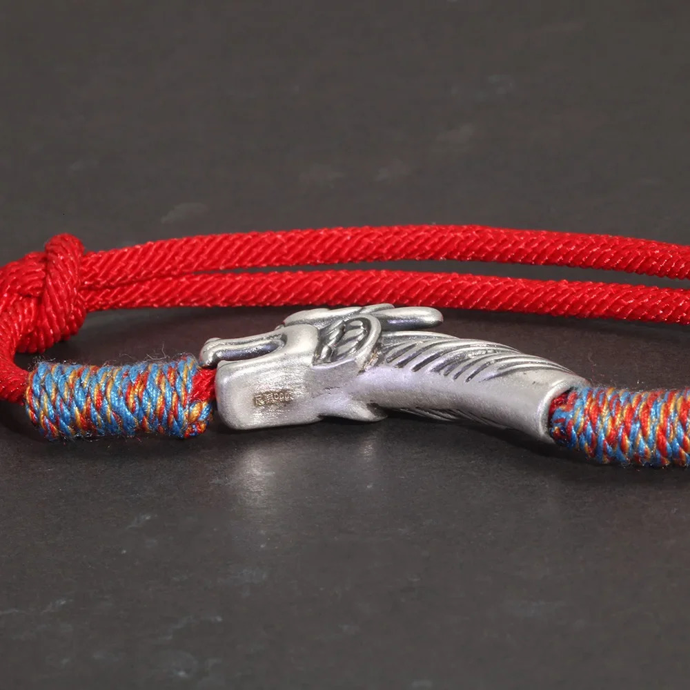 Handwoven 999 Sterling Silver Charm Lucky Red String Bracelet Dragon Men and Womens Jewelry 250712