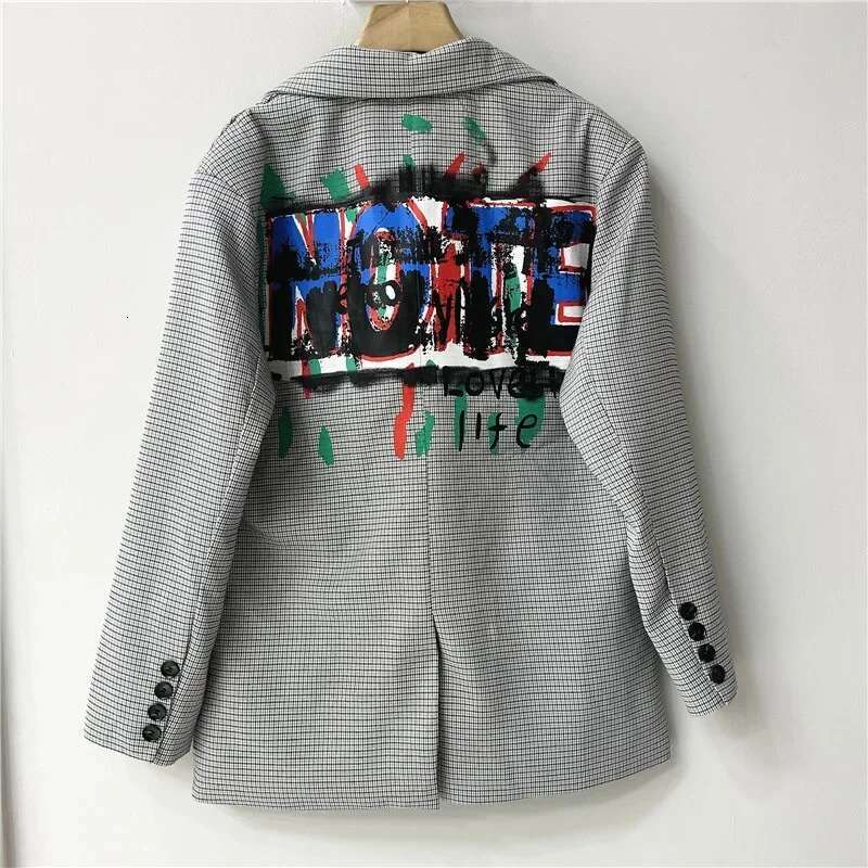 Spring and Autumn New Women's Blazer Design Sense Unique Graffiti British Style Suit Plaid Casual Long Sleeve Loose Jacket
