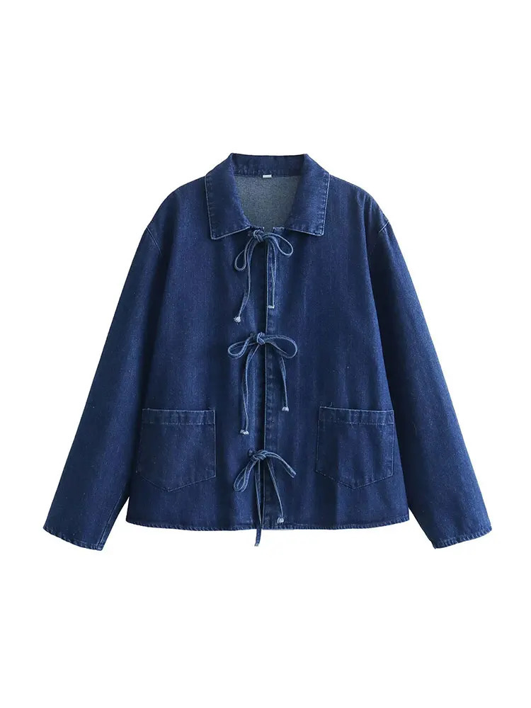 TELLHONEY Women Fashion Lapel Collar Lace Up Blouses Female Casual Long Sleeves With Pockets Solid Denim Outerwear 250704