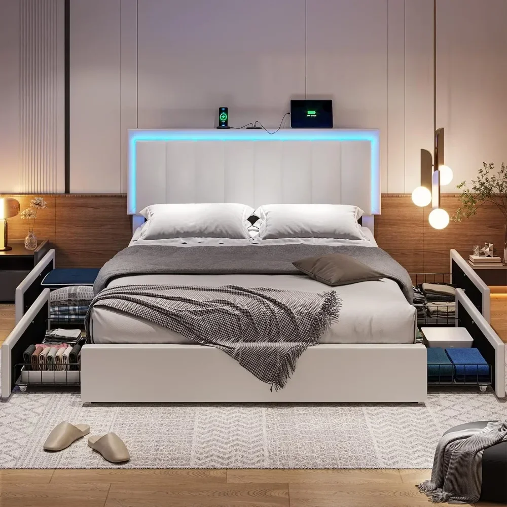 LED Queen Size Bed Frame with 4 Storage Drawers& Charging Station, Artificial Leather Upholstered Bed with Adjustable Headboard