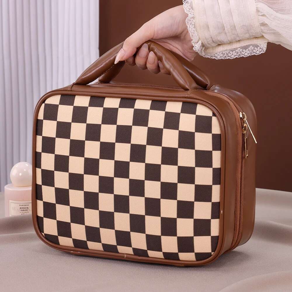 Large Capacity PU Grid Melody Women's Cosmetic Storage Box Portable Travel Makeup High-End Feel Multi-Compartment Wash Bag
