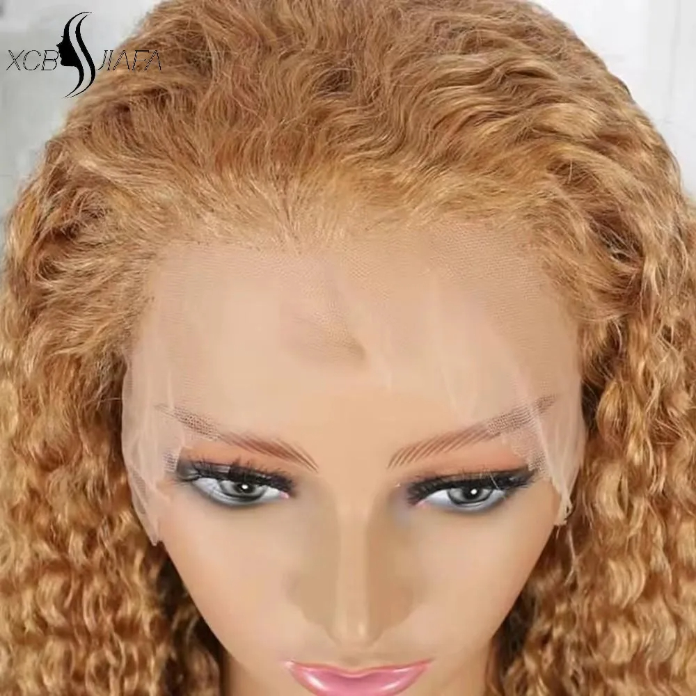 Honey Blonde Wig Kinky Curly Simular to Really Human Hair Lace Front Wigs Colored Brazilian 260% Density #27 Color Transparent Curly 13x6 Hd Front Wig