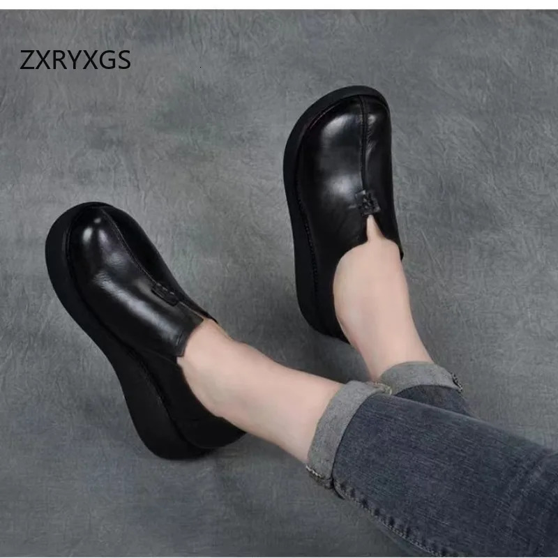 ZXRYXGS 2024 Autumn Round Toe Superior Genuine Leather Shoes Wedges Thick Sole Heightening Shoes Woman Non-slip High Heels 250707