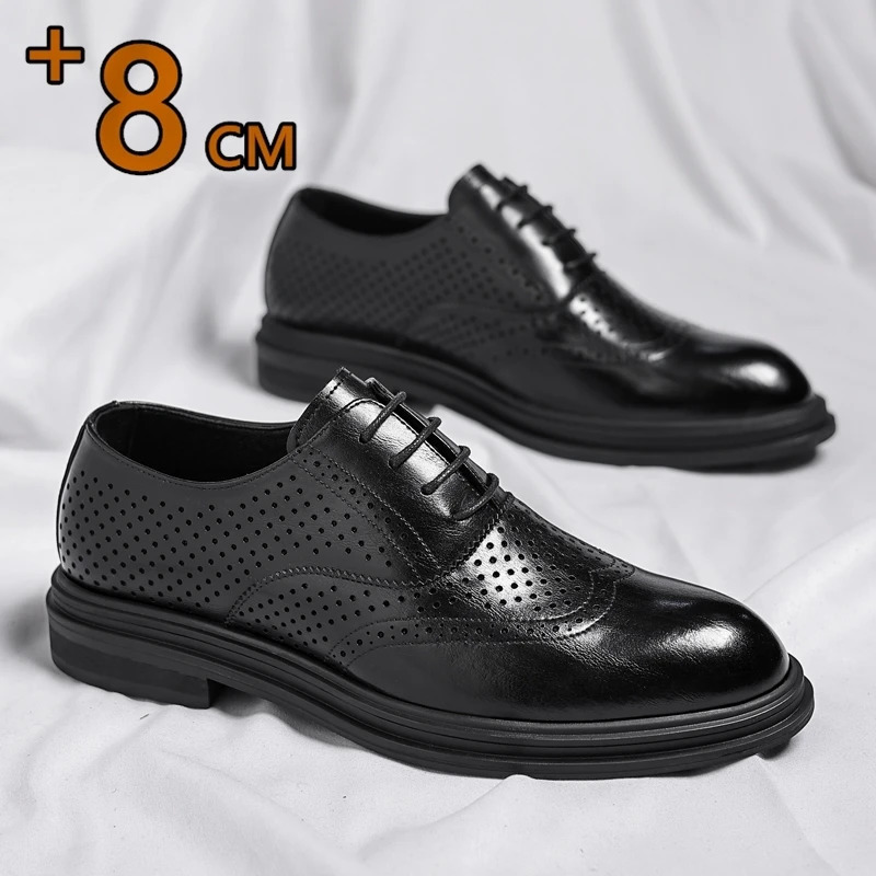 Spring Summer Men Hollow Platform High Heel 6/8 CM Height Growth Formal Men Derby Leather Shoes Man Wedding Dress Elevator Shoes 250712