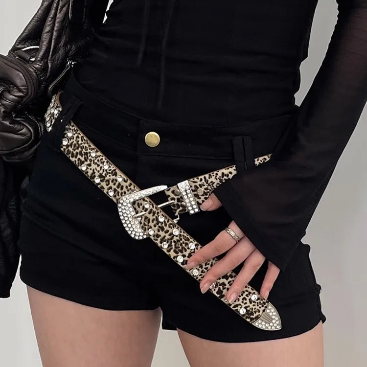 Trendy Sparkling Rhinestone Leopard Belt Woman PU Leather Cheetah Zebra Print Belt Y2k Owboy Cowgirl Jeans Pants Bb Belts 250711