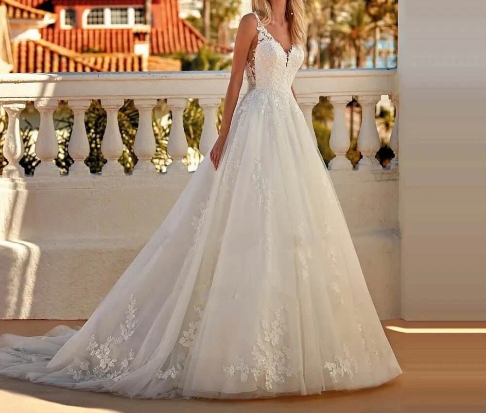 Boho A-Line Wedding Dresses Lace Appliques V-Neck Long Tulle Bridal Gowns Ivory Beach Bride Dress Customized