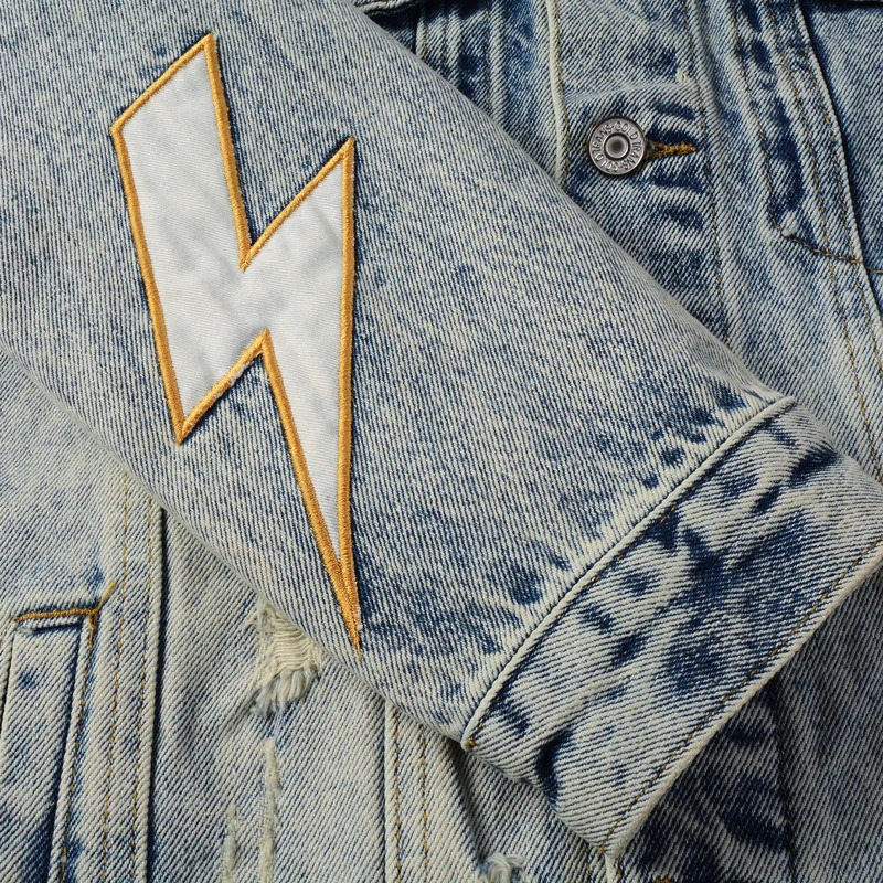 Street er Fashion Men Jacket Retro Blue Flash Embroidery Patched Ripped Denim Jacket Men Coat Y2K Hip Hop Chaquetas Hombre 250710