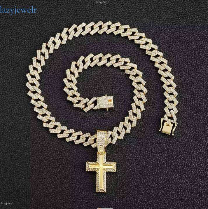 DHcollection Hip Hop Men's Jewelry Iced Out 15mm Width Cuban Chain With Alloy and Rhie Cross Pendant Necklace