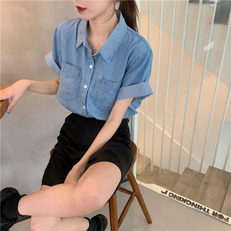 Korean Denim Short Sleeve Shirt Women 2025 Summer Pockets Loose Turn Down Colllar Shirts Woman Chic Single Breasted Jeans Blouse 250704