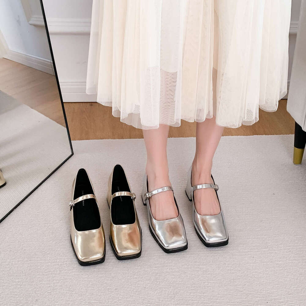 T8-8 Gold One-Word Buckle Mary Jane for Women, New Autumn Style, Chunky Heel Square Toe Shoes, Silver Mid-Heel Women's Shoes