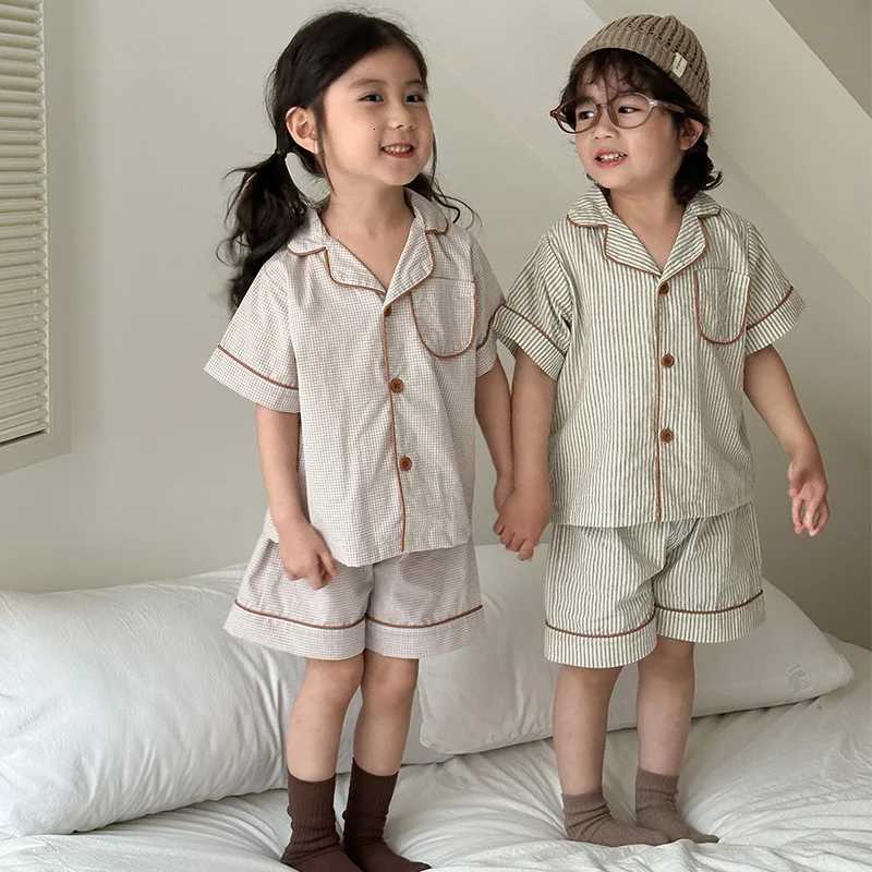 2025 Summer Kids 2PCS Sleepwear Cotton Thin Striped Turn Down Collar Tops Shorts Suit Toddler Baby Homesuit Childrens Pajamas Z250712