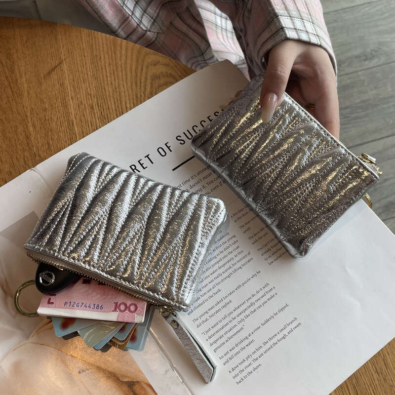 Top Layer Cowhide Embroidered Thread Coin Purse Women Key Card Holder Genuine Leather Zipper Handbag Lipstick Storage Bag Ins Trend