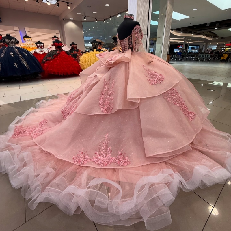 Pink Quinceanera Dresses Ball Gown Off The Shoulder Applique Lace Beads Bow Tull Corset Party Birthday Sweet 16 Dress Vestidos 15 Anos