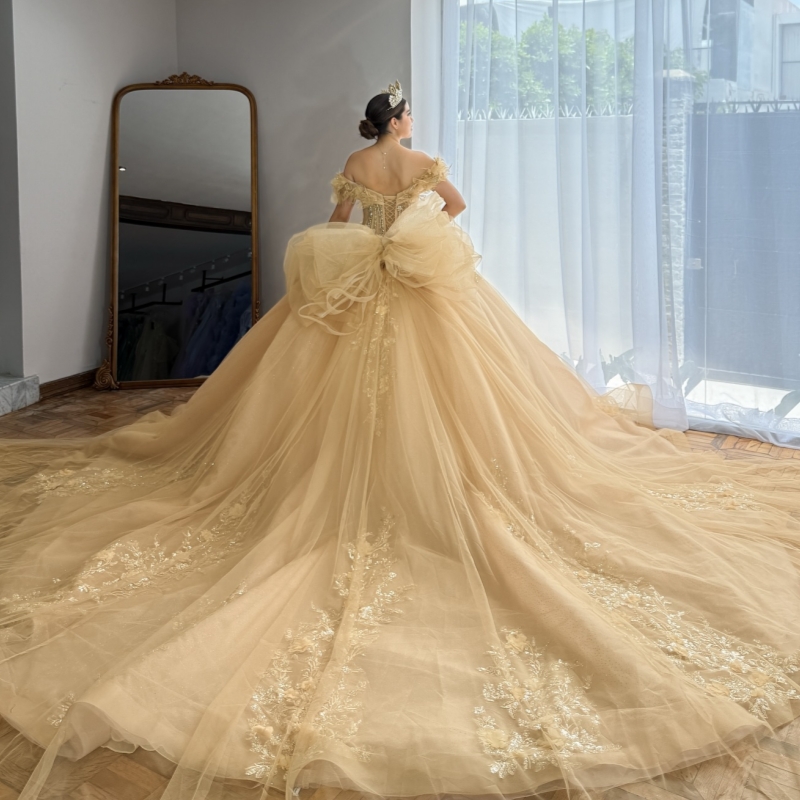 Yellow Quinceanera Dresses Ball Gown Off The Shoulder Applique Flower Beads Tull Corset Party Birthday Sweet 16 Dress Vestidos 15 Anos