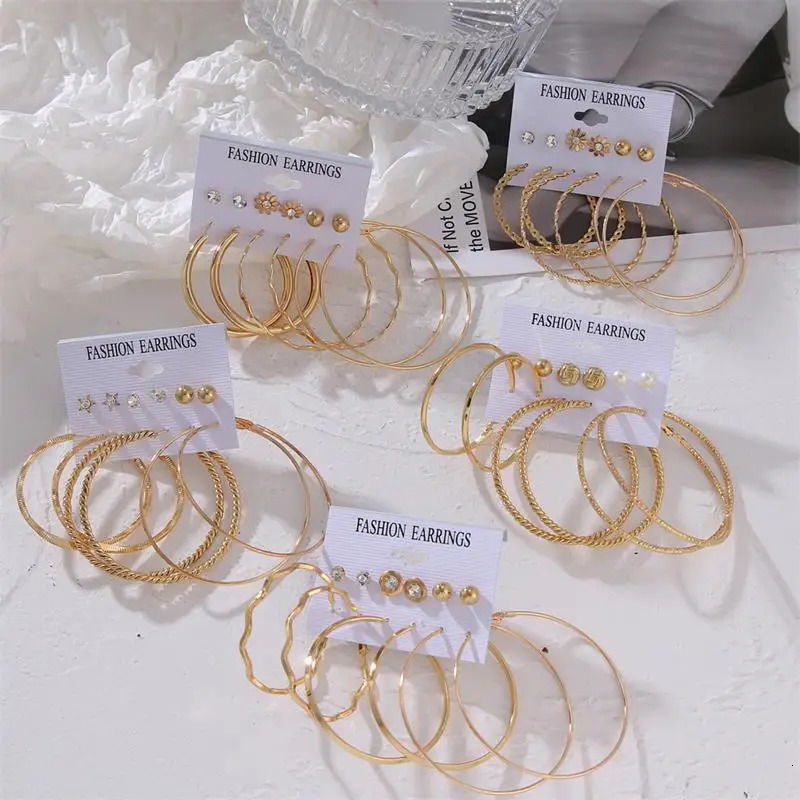 FNIO Statement Gold Color Big Bamboo Circle Hoop Earrings For Women Hip Hop Earrings set Classic Jewelry 3pcs/set 250708