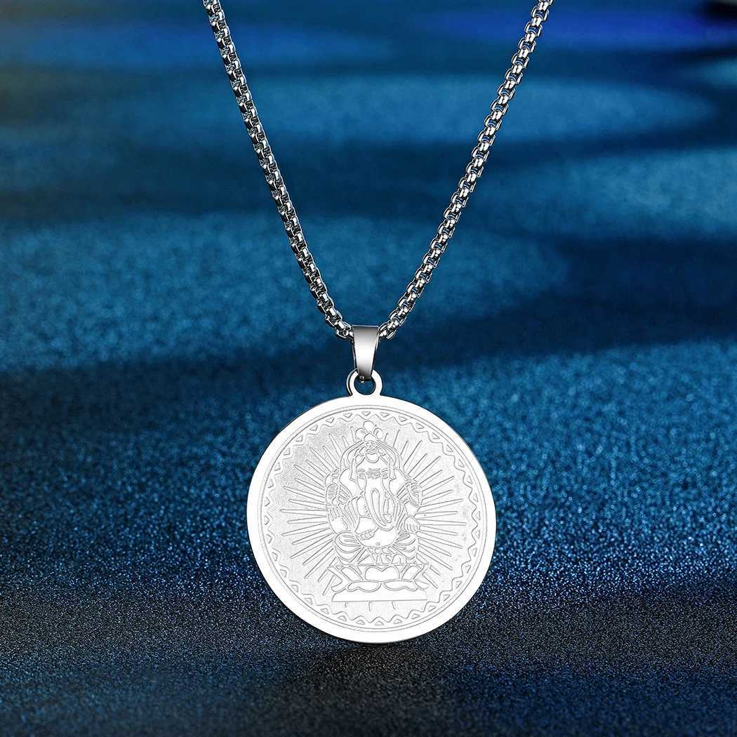 Chandr Stainless Steel Ganesha Coin Necklace for Men Lord Medallion Gold Plated Pendant Hindu Him W250712