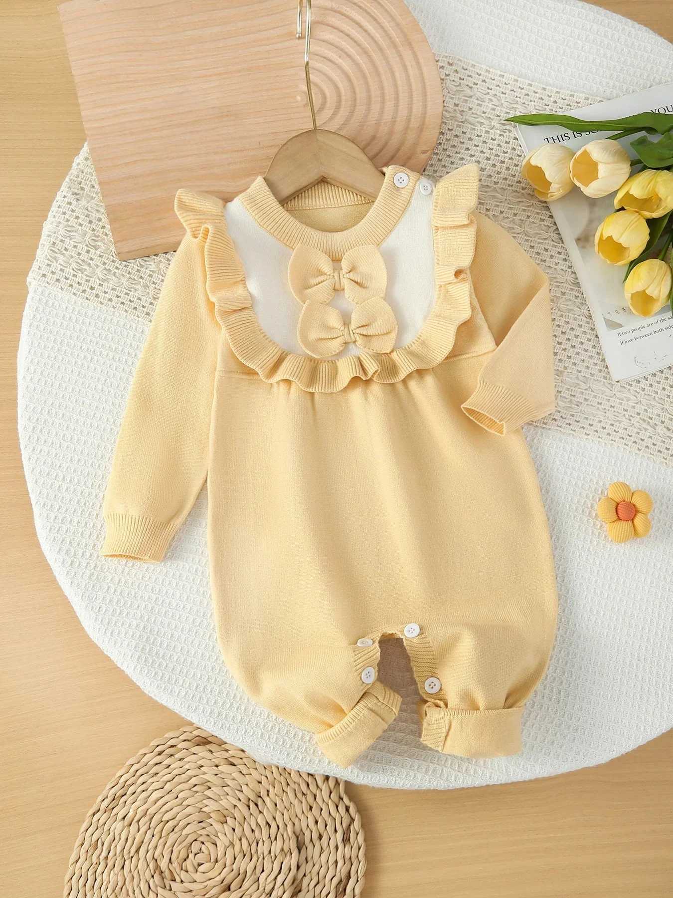 Spring Autumn Baby Girl Knitted Romper Cute Bow Ruffles Soft Crawling Friendly Side Bottom Buttons Onesie Z250712