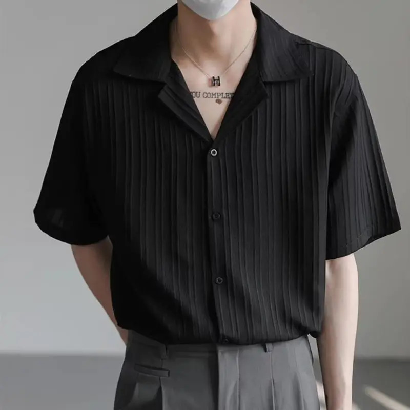 Mens Shirt Black Loose Short Sleeve Male Shirts with Collar High Quality Sleeves Silk in Vintage Slim Fit 250707