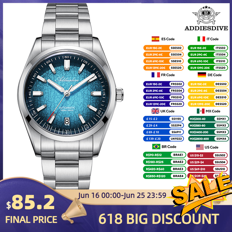 ADDIESDIVE Luxury Automatic Mechanical Watch NH35A Movement 316L Stainless Steel BGW9 Luminous 100M Water Resistant Bubble Glass