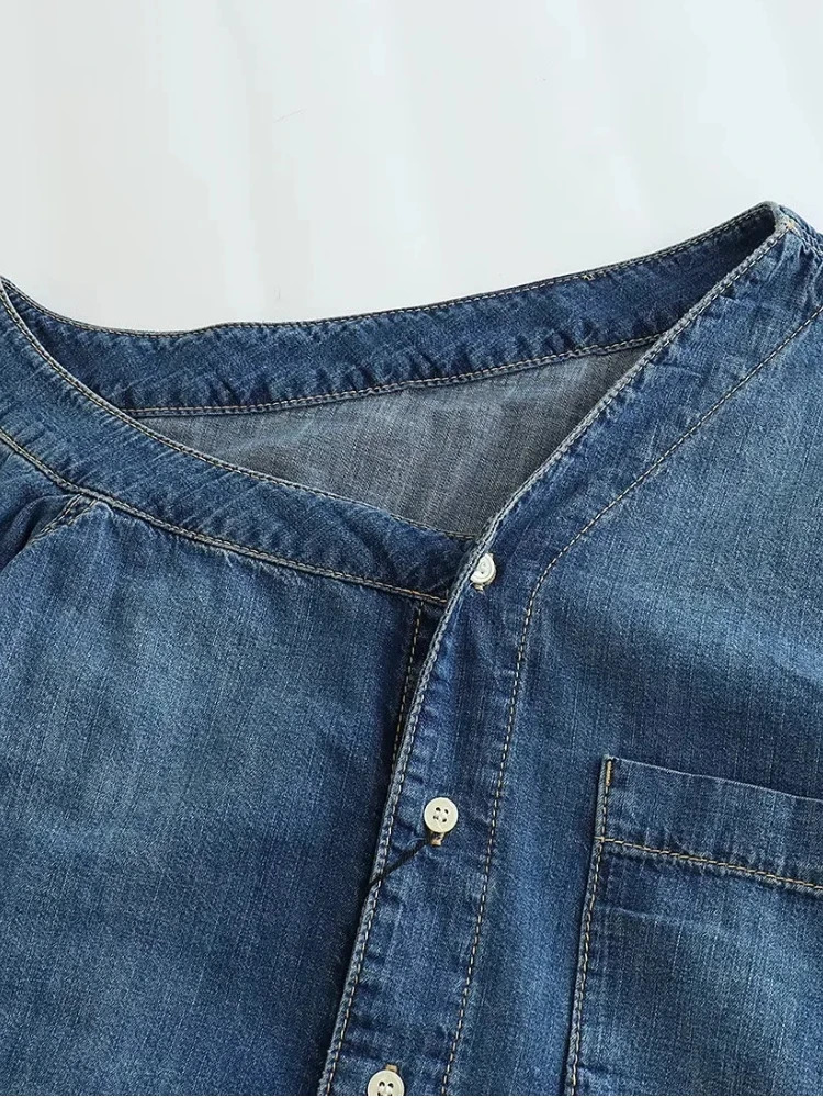 Zevity Women Fashion Single Shoulder Asymmetrical Denim Smock Blouse Femme Chic Pocket Patch Shirt Chemise Blusas Tops LS3736 250704