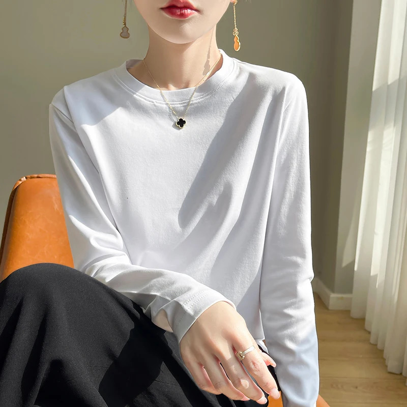 Spring Autumn 100% Cotton Long-Sleeved T-Shirt Womens Round Neck Mercerized Cotton Bottoming Shirt Loose Top 250707