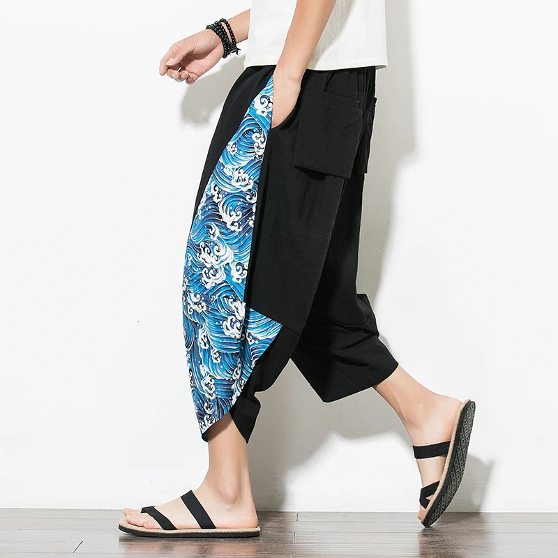 Drop Men Harajuku Harem Pants Summer Cotton Joggers Calf-Length Pants Male Vintage Chinese Style Print Trousers 250708