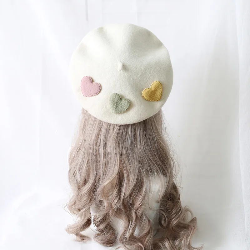 Cute Girls Kawaii Little love Beret Sweet Lolita Headwear Purple Beanies Hat Handmade Wool Felt Women Beret Wholesale 250712
