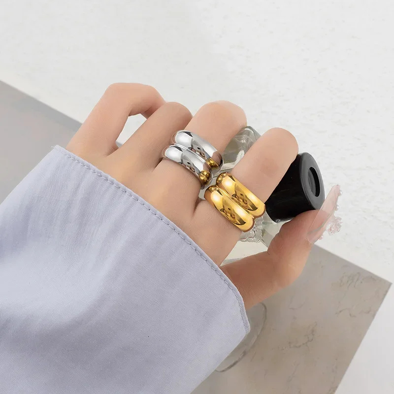MHS.SUN Unisex Double Layer Gold Plated Wide Rings Fashion Stainless Steel For Women Men Smooth Chunky Jewelry Waterproof 250708