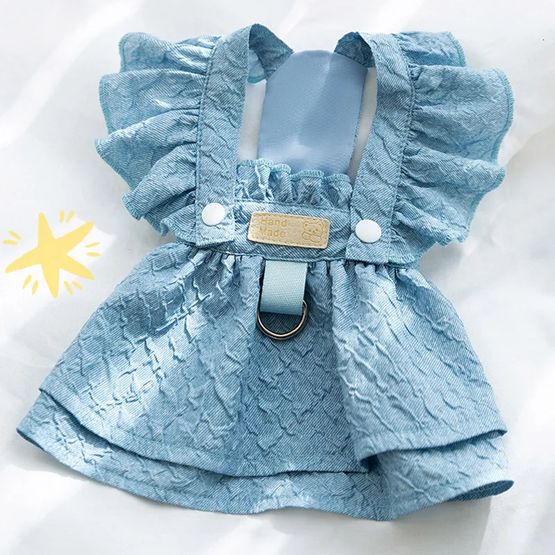 Denim Dog Dresses for Small Dogs Puppy Girl Clothes with Leash Ring Flying Sleeves Summer Cat Apparel Blue Chihuahua Outfits 250708