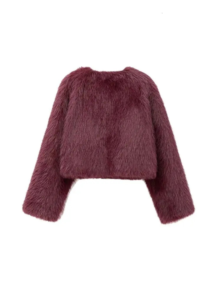 TRZA-Womens Thick Warm Faux Fur Cropped Jacket O Neck Long Sleeve Female Outerwear Chic Tops Fashion 250708