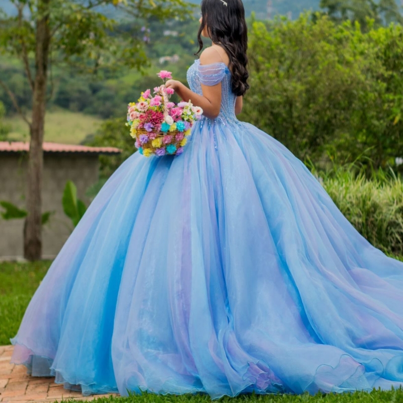 Blue Quinceanera Dresses Ball Gown Off The Shoulder Beading Crystal Tull Party Birthday Sweet 16 Dress Vestidos 15 Anos