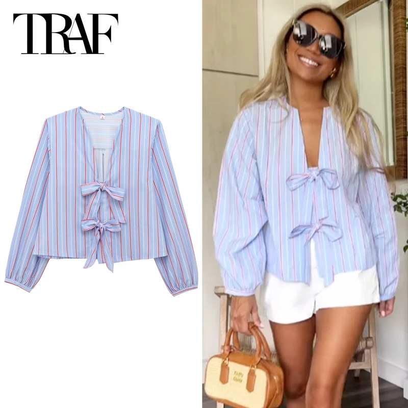 TRAF Striped Shirts Blouses Womens Shirt Spring Cropped Oversized Long Sleeve T-Shirt Elegant Bow Lace-Up Tops For Woman 250708
