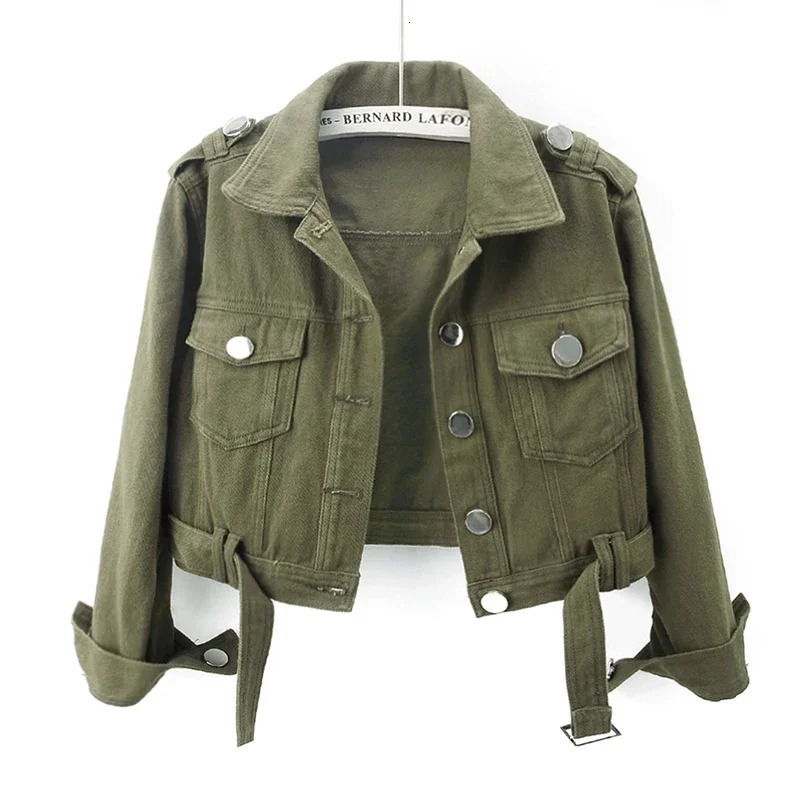Autumn Vintage Army Green Black Khaki Denim Jacket Women Hem Belt Big Pocket Cowboy Outerwear Loose Short Jeans Jackets Female 250709