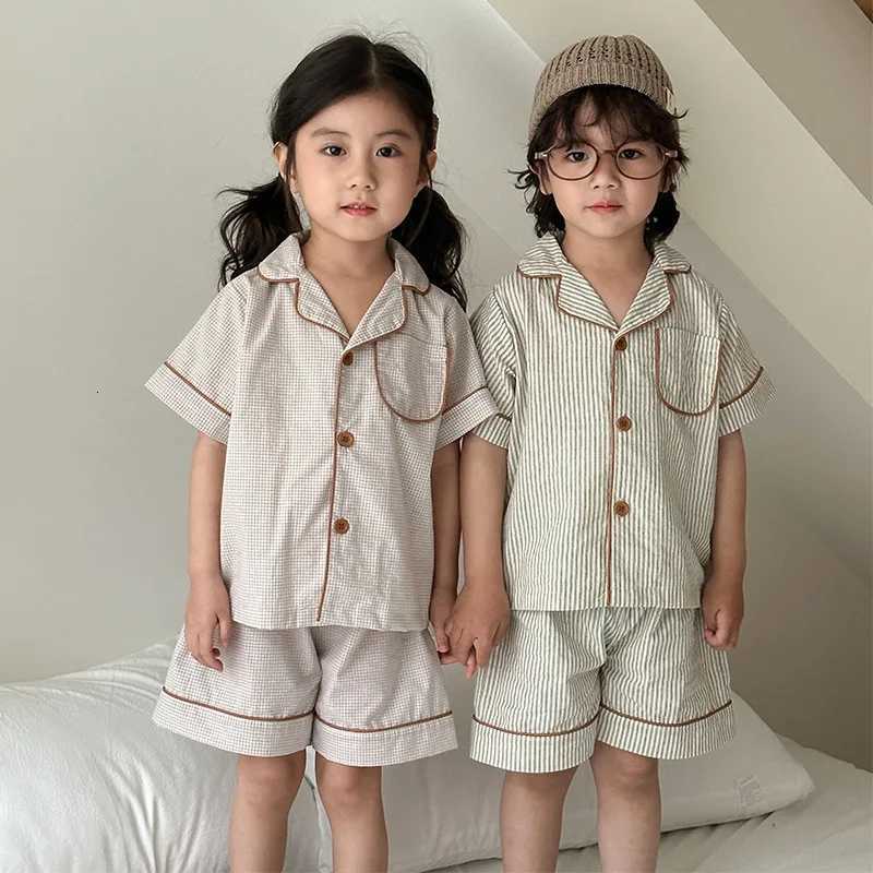 2025 Summer Kids 2PCS Sleepwear Cotton Thin Striped Turn Down Collar Tops Shorts Suit Toddler Baby Homesuit Childrens Pajamas Z250712