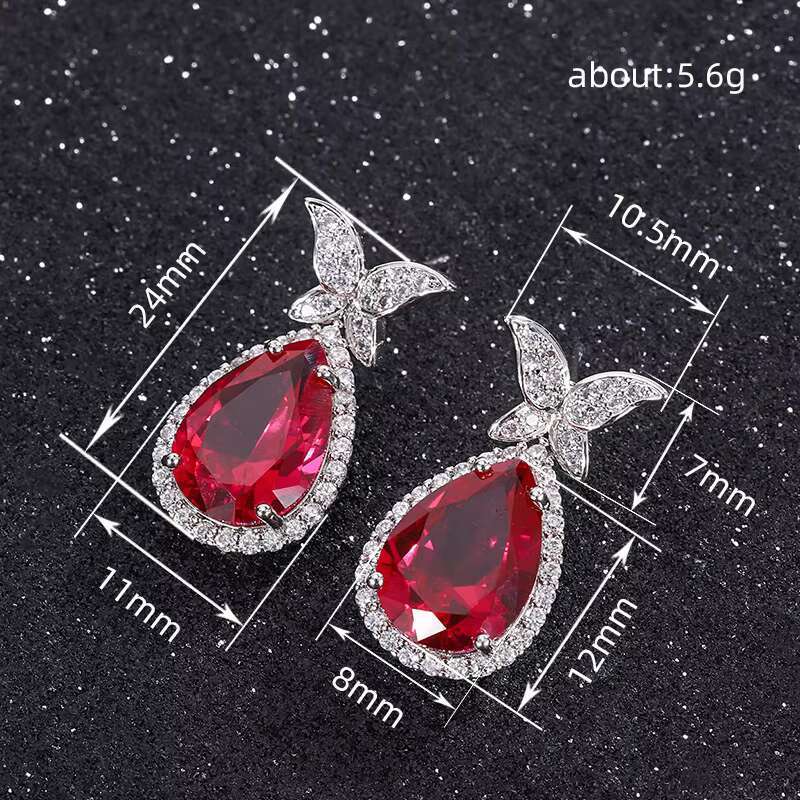 New Exquisite Butterfly Design Big Pear Shaped Red Crystal Cubic Zirconia Earring for Women Wedding Jewelry Drop Earrings