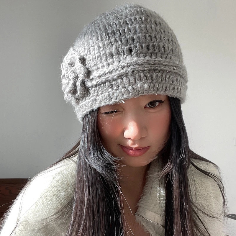 Crochet Knitted Hat Spring Autumn Thick Line Handmade Winter Female Vintage Fashion Beanies Hat Y2k Girls 250712
