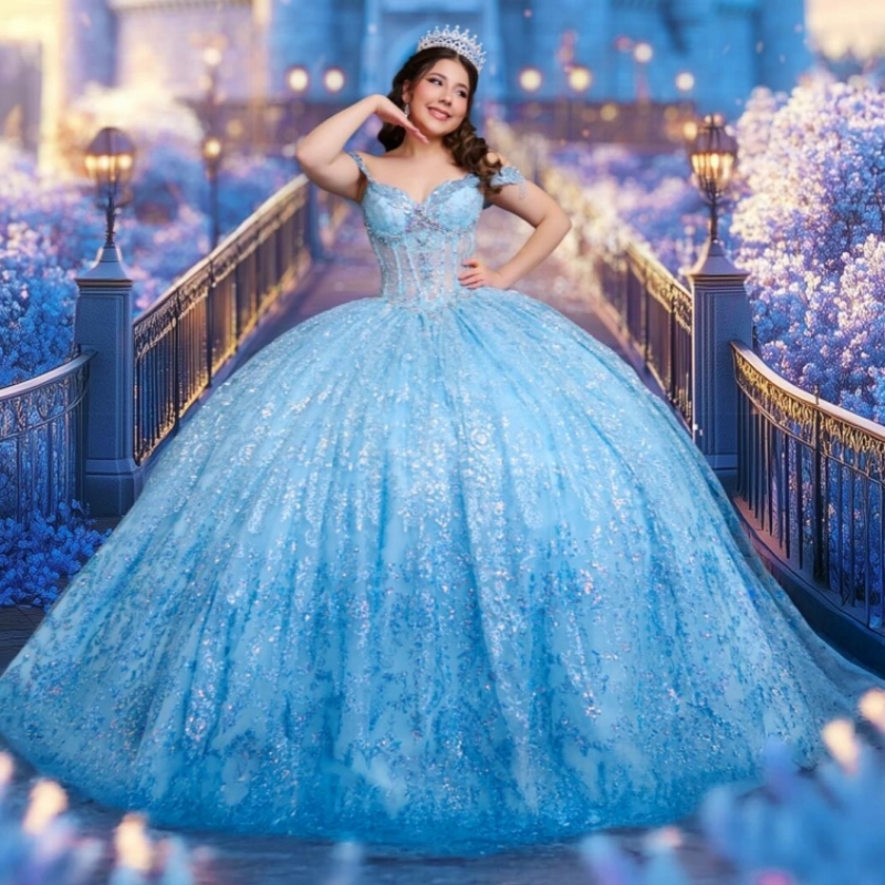 Sky Blue Shiny Quinceanera Dresses Ball Gown Off The Shoulder Sequin Applique Lace Beads Tull Corset Party Birthday Sweet 16 Dress Vestidos 15 De Anos
