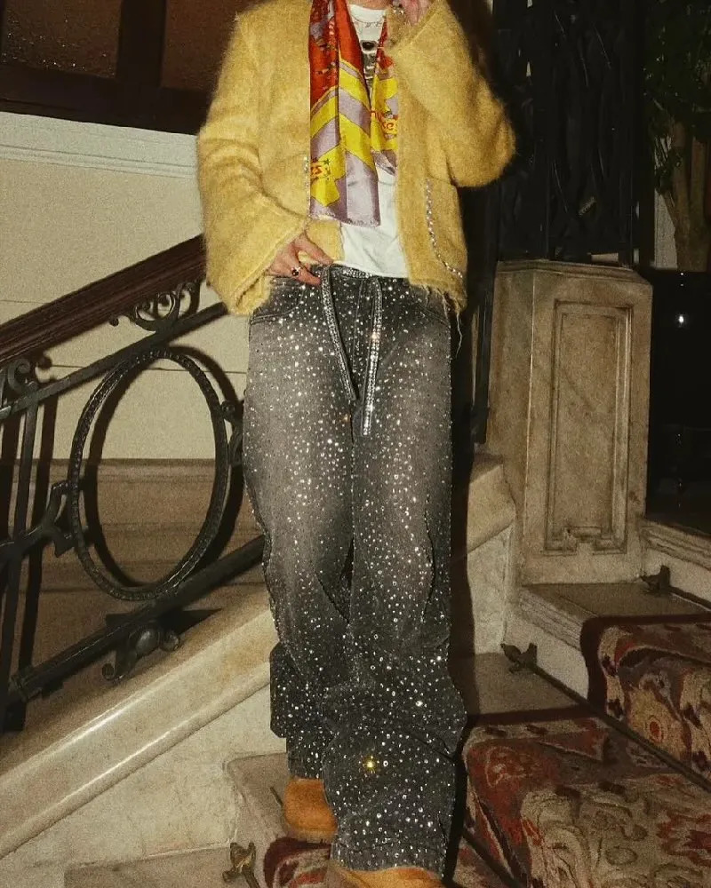 Streetwear Vintage Glitter Jeans Y2K Mens Womens Hip Hop Rhinestone Sequins Retro Blue Baggy Jeans High Waist Wide Leg Trousers 250712