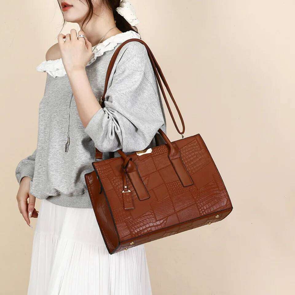 Large Capacity Shopping Bag for Daily Commuting Hand Shoulder Bags Splicing Pu Leather Handbags Caual Tote New Sac