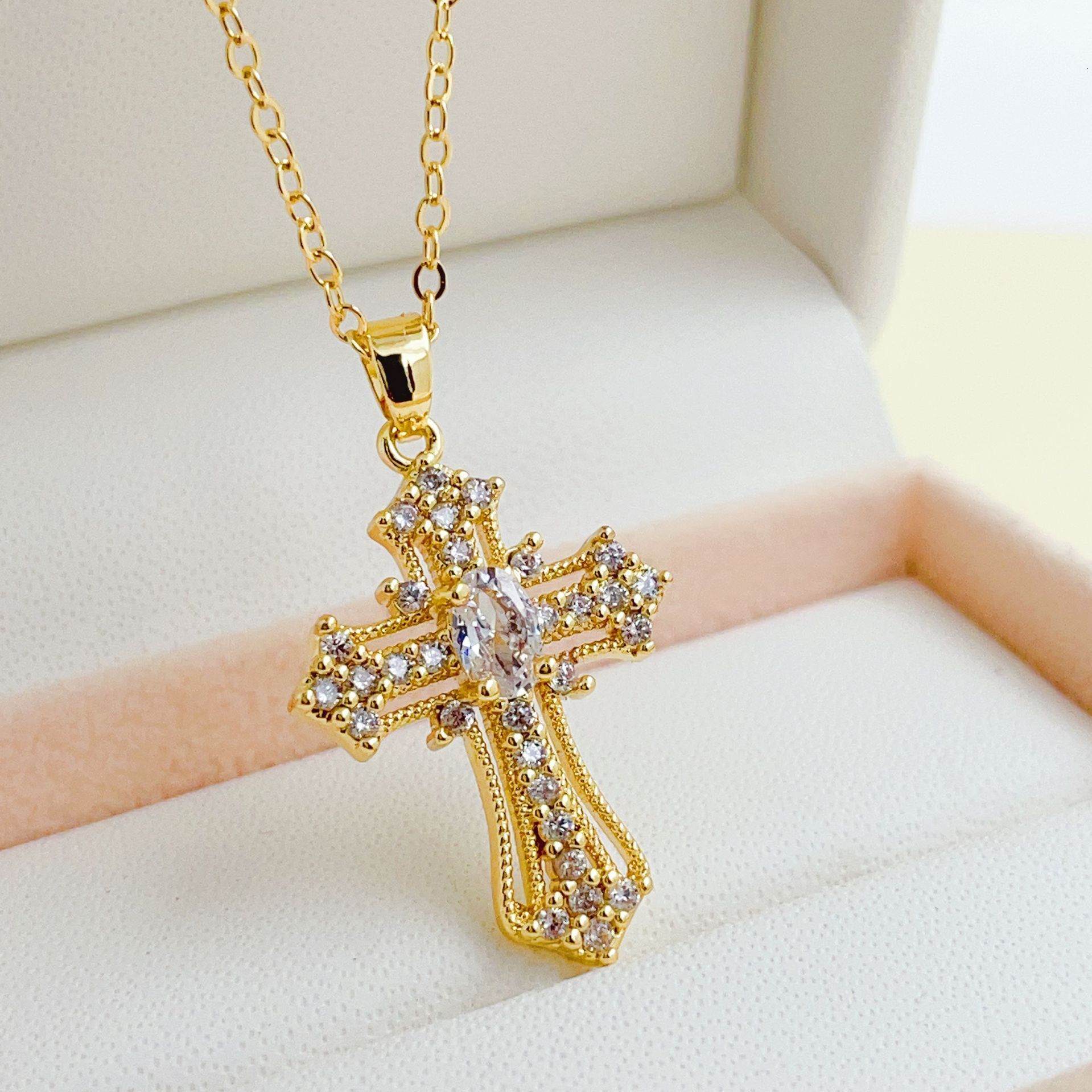 Luxury Jewelry Designer Jewelry Cross-border Retro Punk Cross Necklace Personality Zircon Cross Pendant European And American Niche Titanium Steel Col
