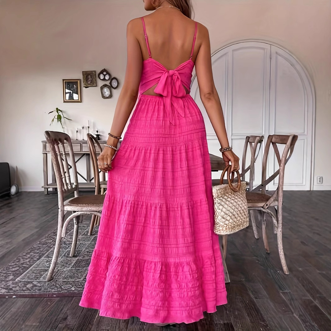2025 Summer New Women's Skirt New V-neck Lace Pattern Dress Back Tie Solid Color Long Dress New Luxury Designer Women's Skirt