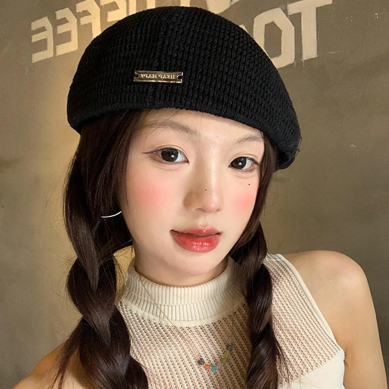 Japanese Retro Knitted Beret Women Spring and Autumn Thin Breathable Big Head Literary and Versatile British Reverse Painter Hat 250712