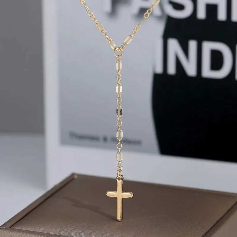 Vintage Long Tassel Cross Pendant Necklace for Women Elegant Simple Gold Color Chain Choker Exquisite Accessories Jewelry W250712