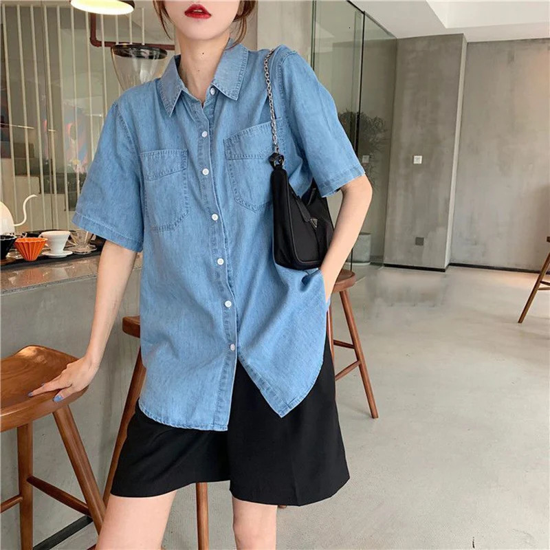 Korean Denim Short Sleeve Shirt Women 2025 Summer Pockets Loose Turn Down Colllar Shirts Woman Chic Single Breasted Jeans Blouse 250704